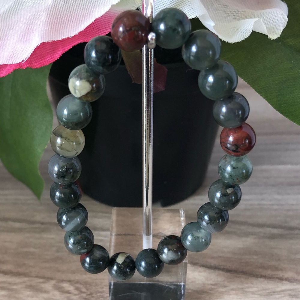 African Bloodstone Natural Stone Beads Stretchable Bracelet 7" - 8mm Beads Best